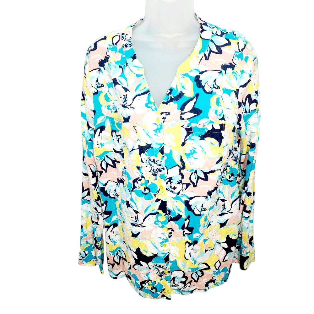 Women’s Floral Linen Blend Top Size M V-Neck Button Front Hi-Low Hem